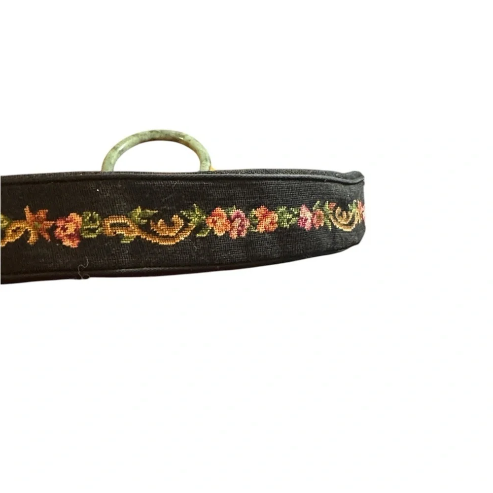 Vintage Asian petit point needlepoint evening bag Jade Wrist Bracelet Handle